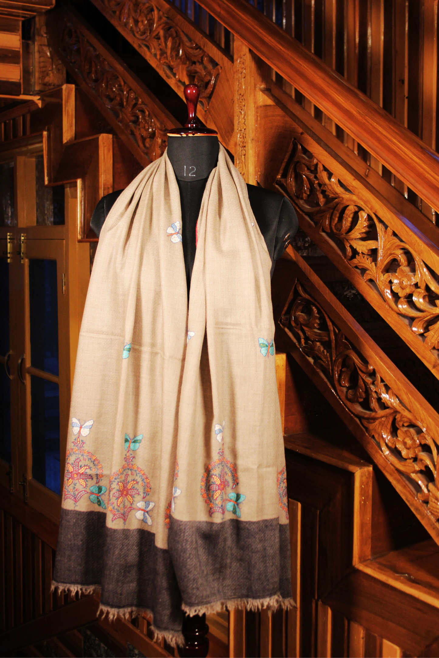 Arzoo Beige Blue Pashmina Butterfly